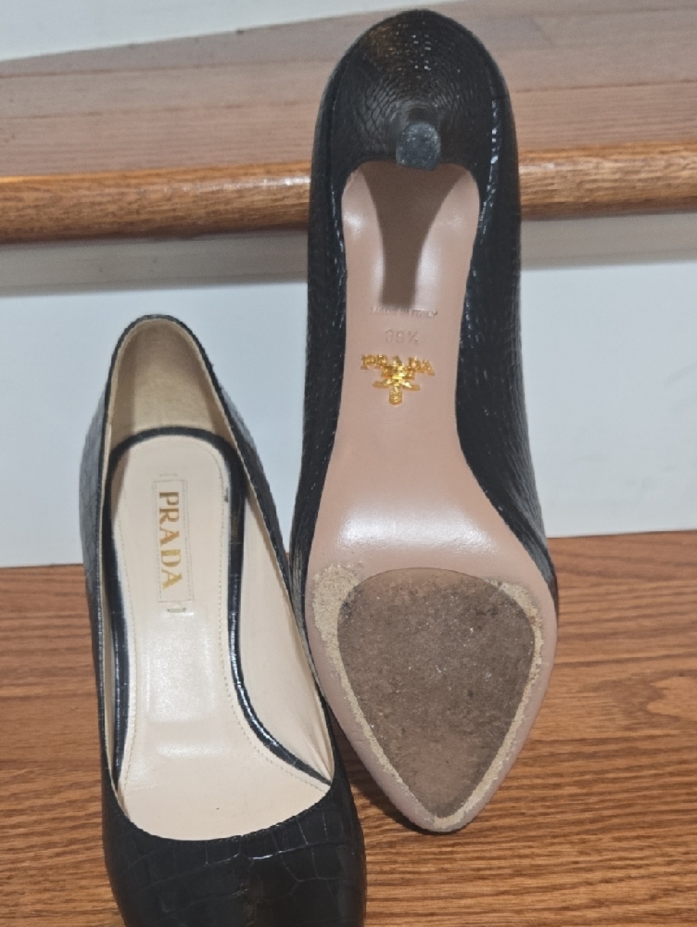 Prada Black Croc-Embossed Pointed Pumps - Picture 9 of 12